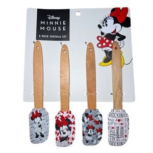 NEW Disney Minnie Mouse Spatula 4 Pack Set Wood Silicone Baking Kitchen Utensils